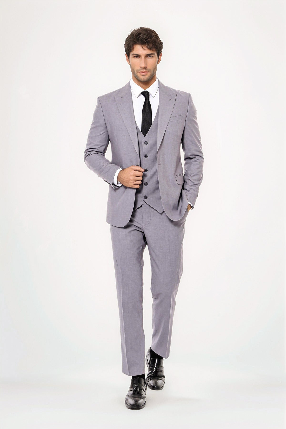 Grey Men's Plain Suit with Vest Formal Wessi