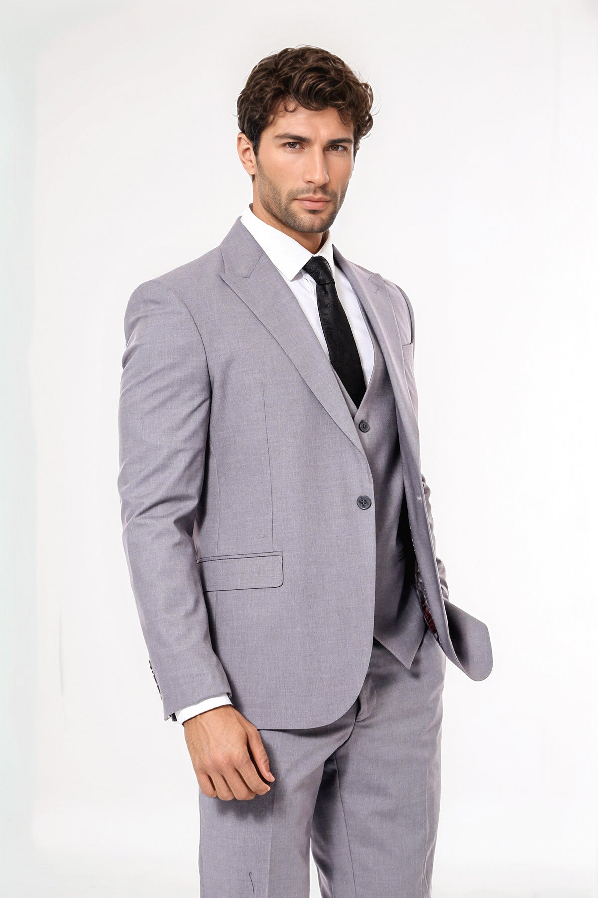 Grey Men's Plain Suit with Vest Formal Wessi