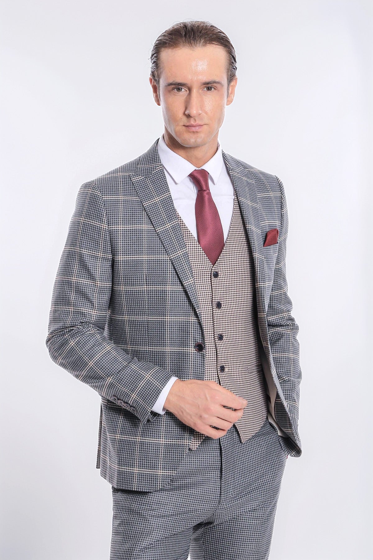 Checked Beige Vested Slim Fit Grey Men's Suit Wessi