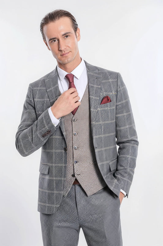 Checked Beige Vested Slim Fit Grey Men's Suit Wessi
