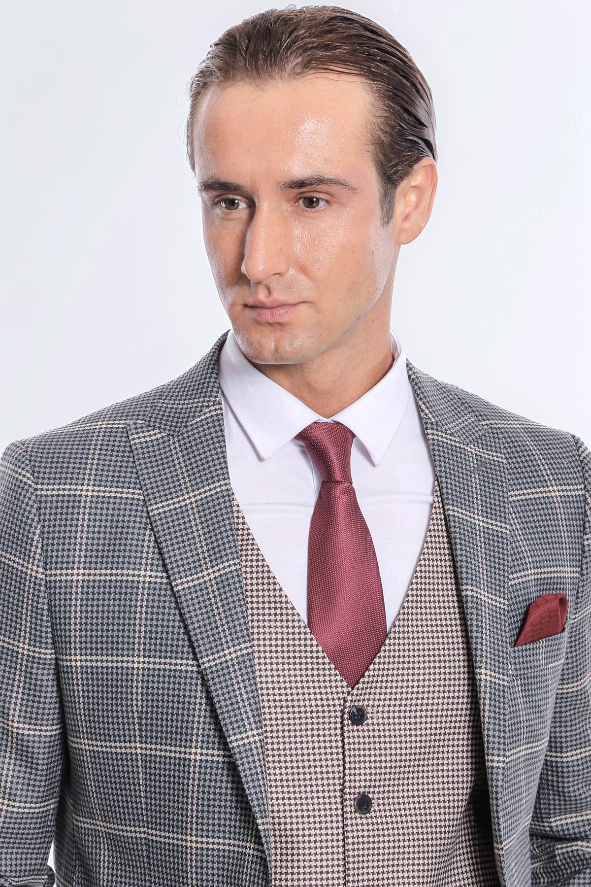 Checked Beige Vested Slim Fit Grey Men's Suit Wessi