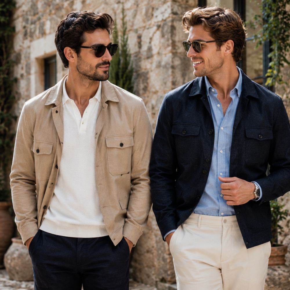 Two men wearing sunglasses and casual jackets standing outdoors with a stone building in the background.