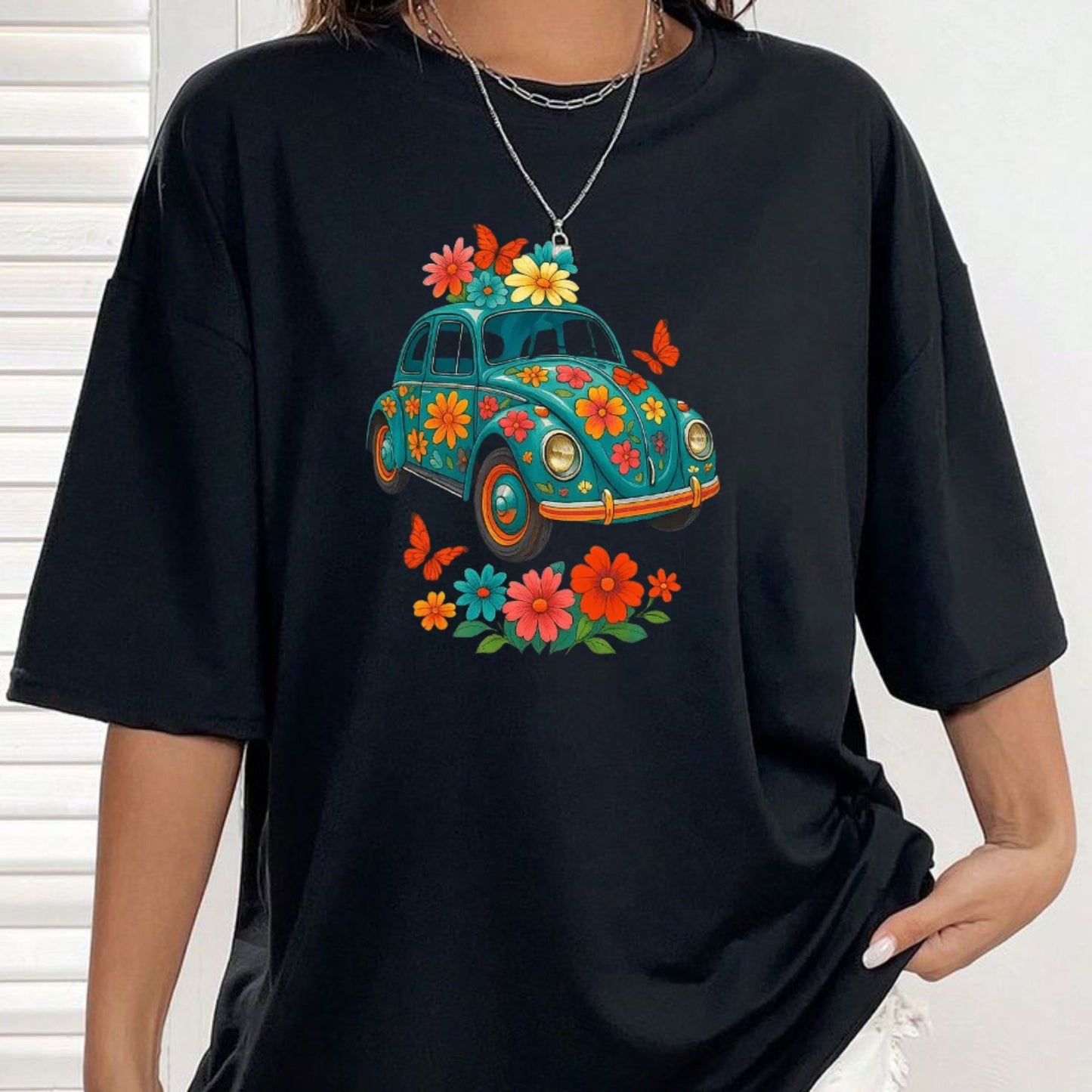 Women's Turquoise Floral Graphic T-Shirt – Vibrant Botanical Print Tee, Soft Cotton Nature-Inspired Flower Shirt for Her