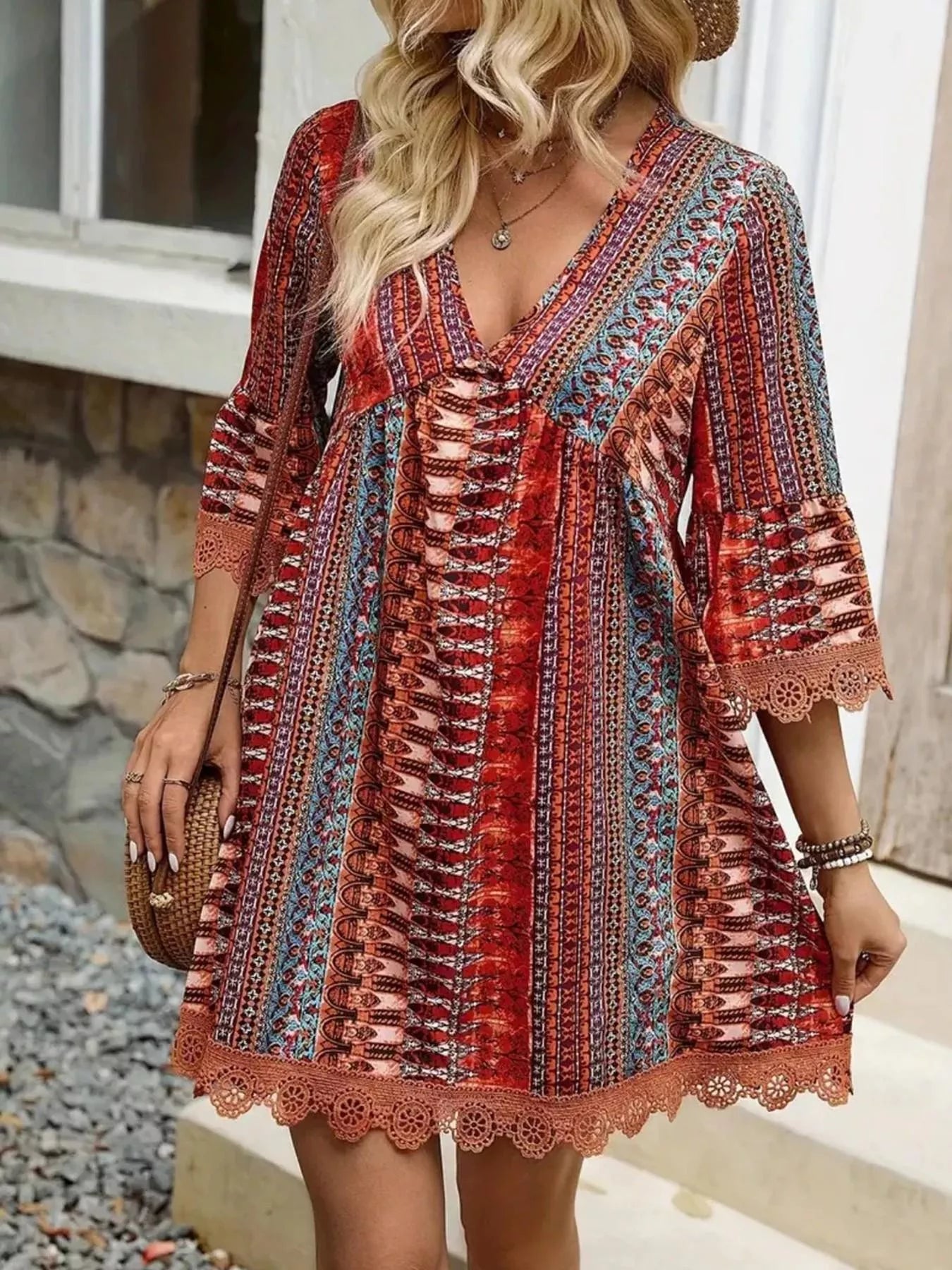 Printed V-Neck A-Line Dress for Everyday Casual Wear