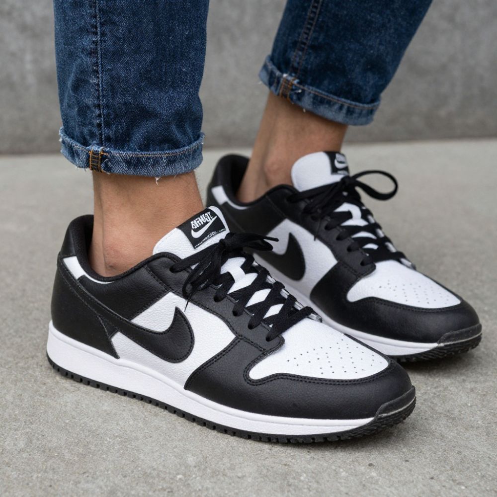 Black and white sneakers worn with blue jeans on a concrete surface.