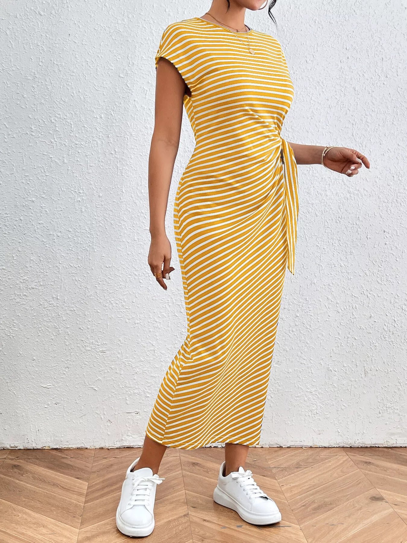Striped Tie Waist Midi Dress Casual Women's Fashion