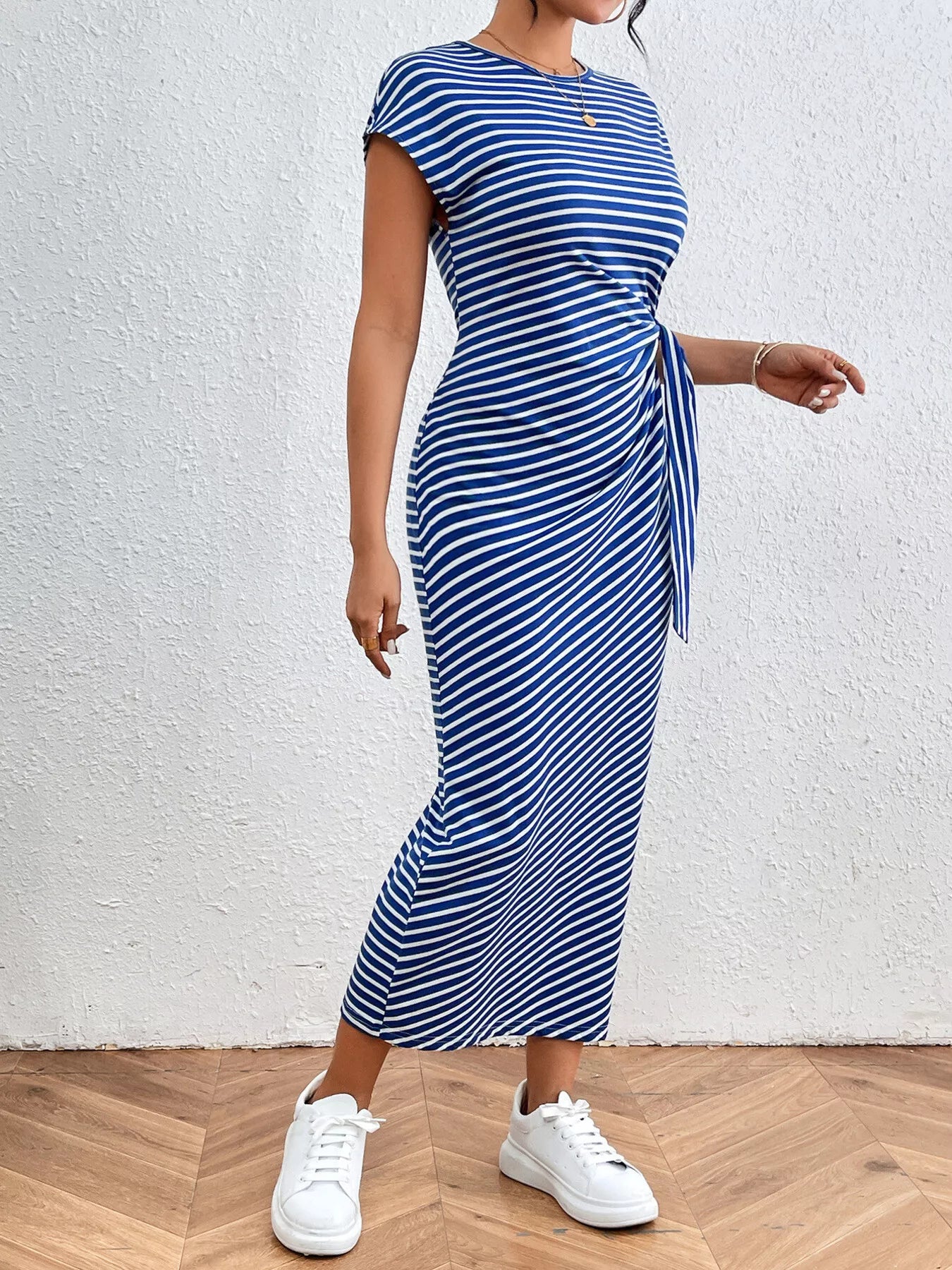 Striped Tie Waist Midi Dress Casual Women's Fashion