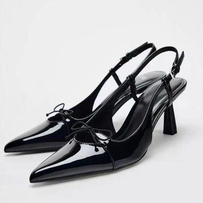 Black Patent Leather Bow Pointed Toe Thin Heel Sandals