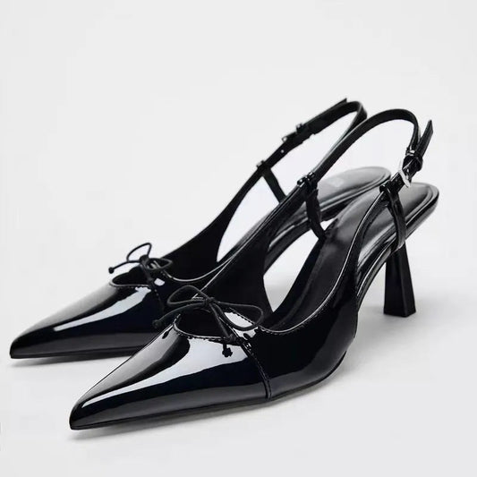 Black Patent Leather Bow Pointed Toe Thin Heel Sandals