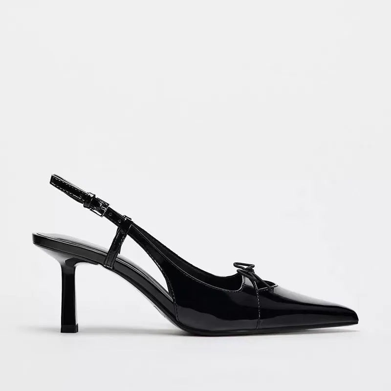 Black Patent Leather Bow Pointed Toe Thin Heel Sandals
