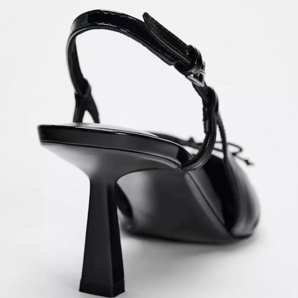 Black Patent Leather Bow Pointed Toe Thin Heel Sandals