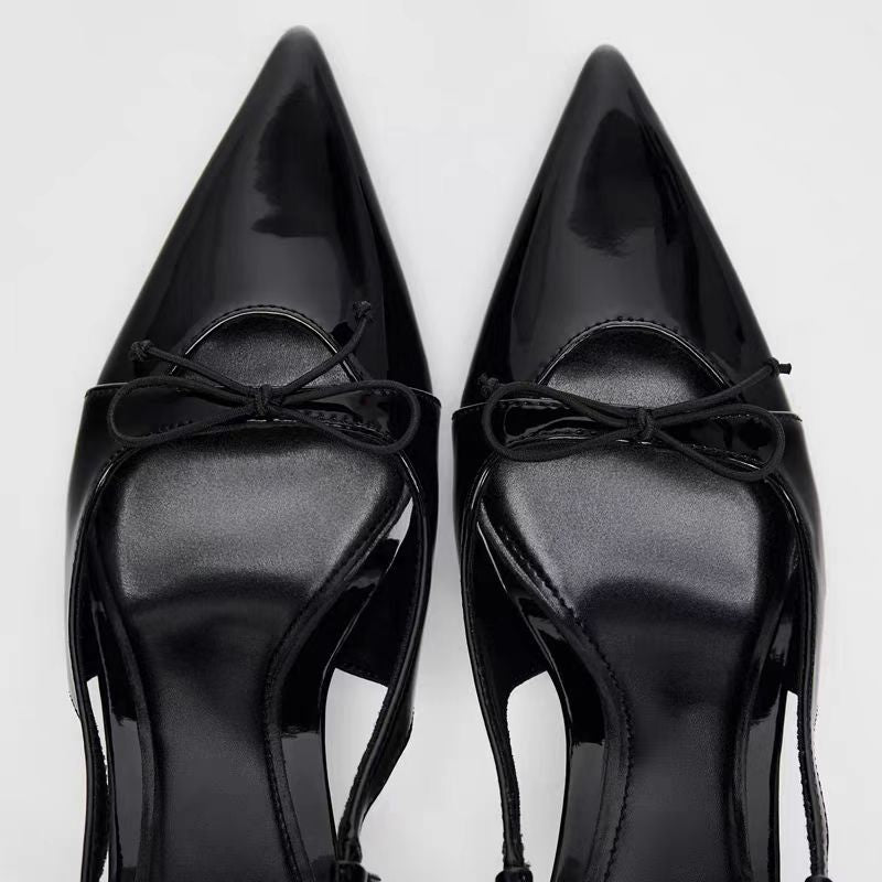 Black Patent Leather Bow Pointed Toe Thin Heel Sandals