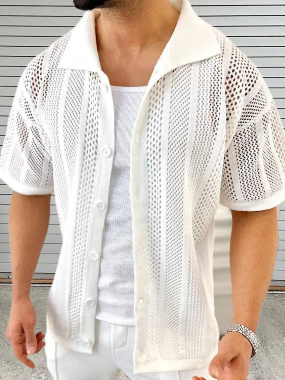 Men's Button Down Hollow Out Collared Shirt Casual