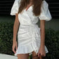 Ruffled Hem Ruched Puff Sleeve Mini Dress Women
