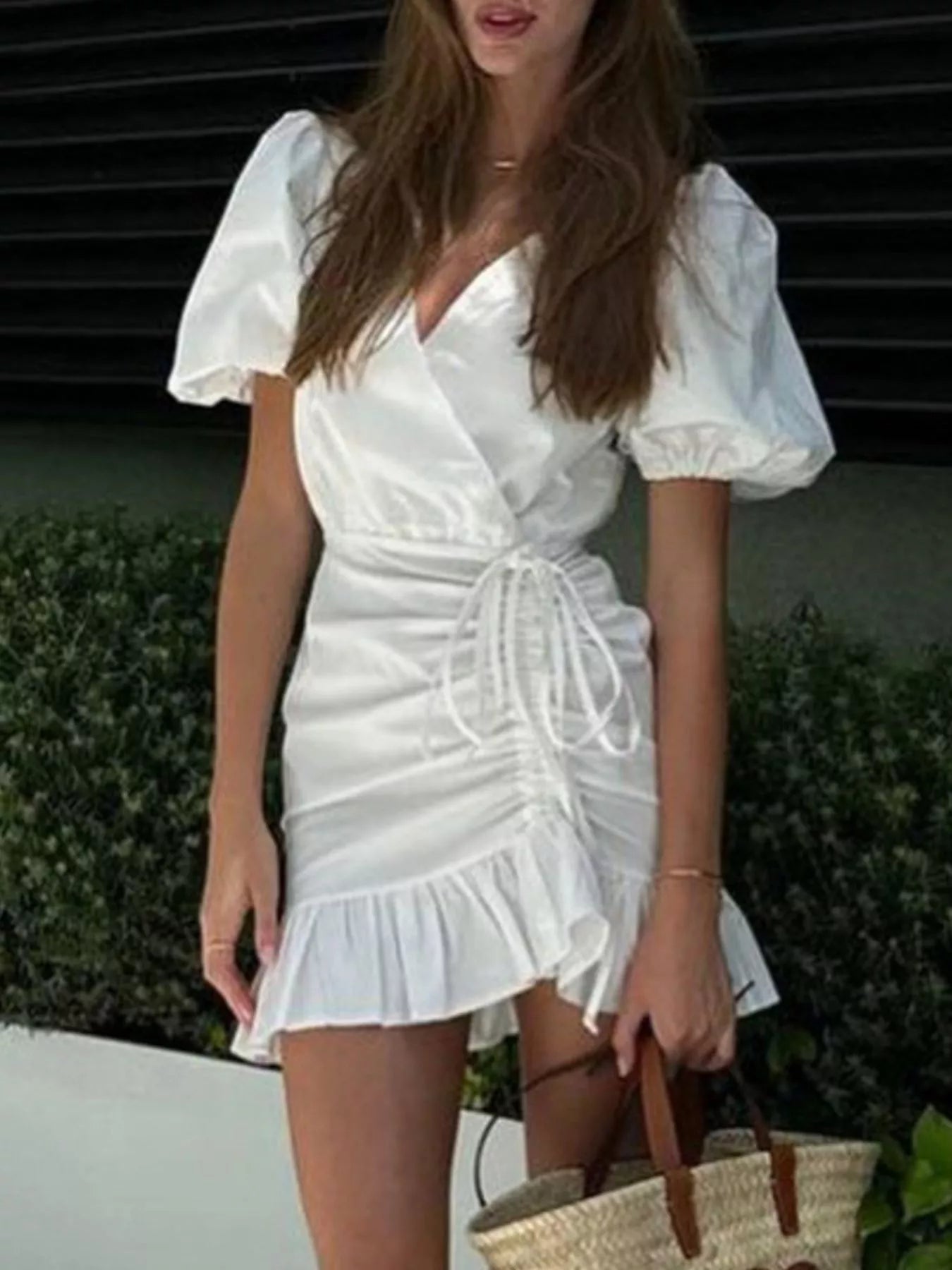 Ruffled Hem Ruched Puff Sleeve Mini Dress Women