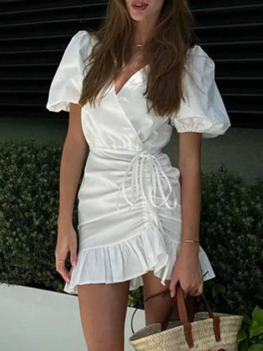 Ruffled Hem Ruched Puff Sleeve Mini Dress Women