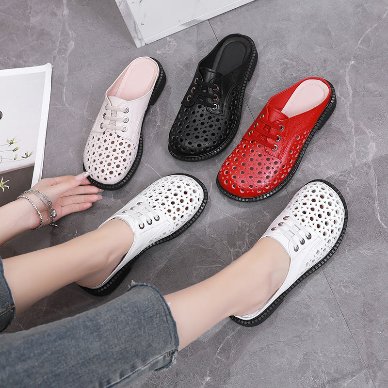 Women's Genuine Leather Thick Sole Hollow Sandals Slippers Round-Toe