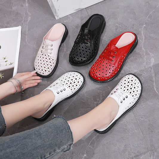 Women's Genuine Leather Thick Sole Hollow Sandals Slippers Round-Toe
