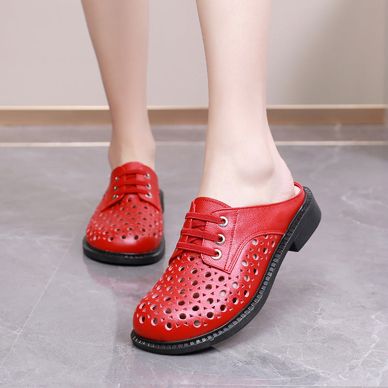 Women's Genuine Leather Thick Sole Hollow Sandals Slippers Round-Toe