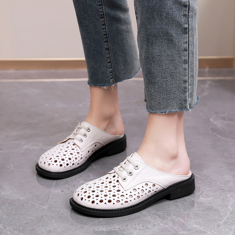 Women's Genuine Leather Thick Sole Hollow Sandals Slippers Round-Toe