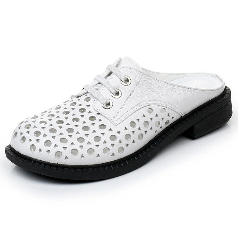 Women's Genuine Leather Thick Sole Hollow Sandals Slippers Round-Toe