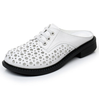 Women's Genuine Leather Thick Sole Hollow Sandals Slippers Round-Toe