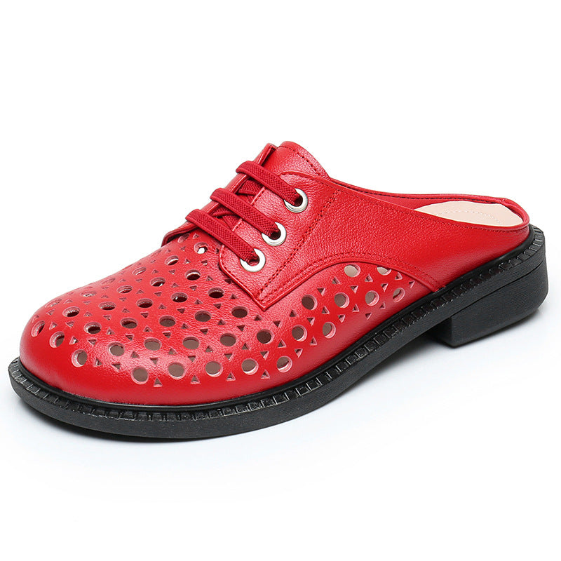 Women's Genuine Leather Thick Sole Hollow Sandals Slippers Round-Toe
