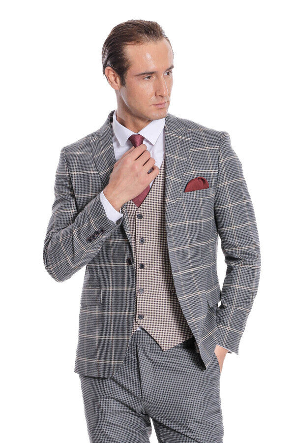 Checked Beige Vested Slim Fit Grey Men's Suit Wessi