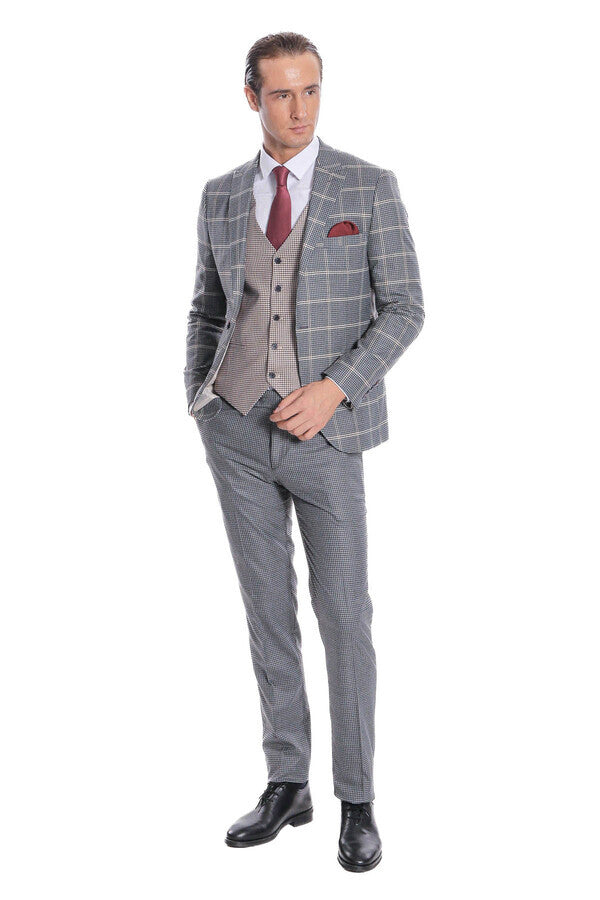 Checked Beige Vested Slim Fit Grey Men's Suit Wessi