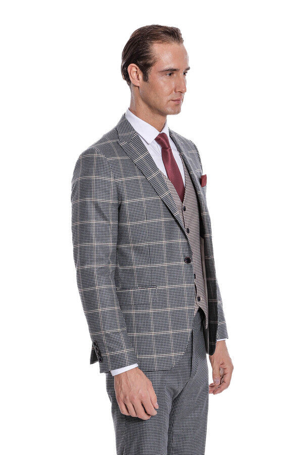 Checked Beige Vested Slim Fit Grey Men's Suit Wessi