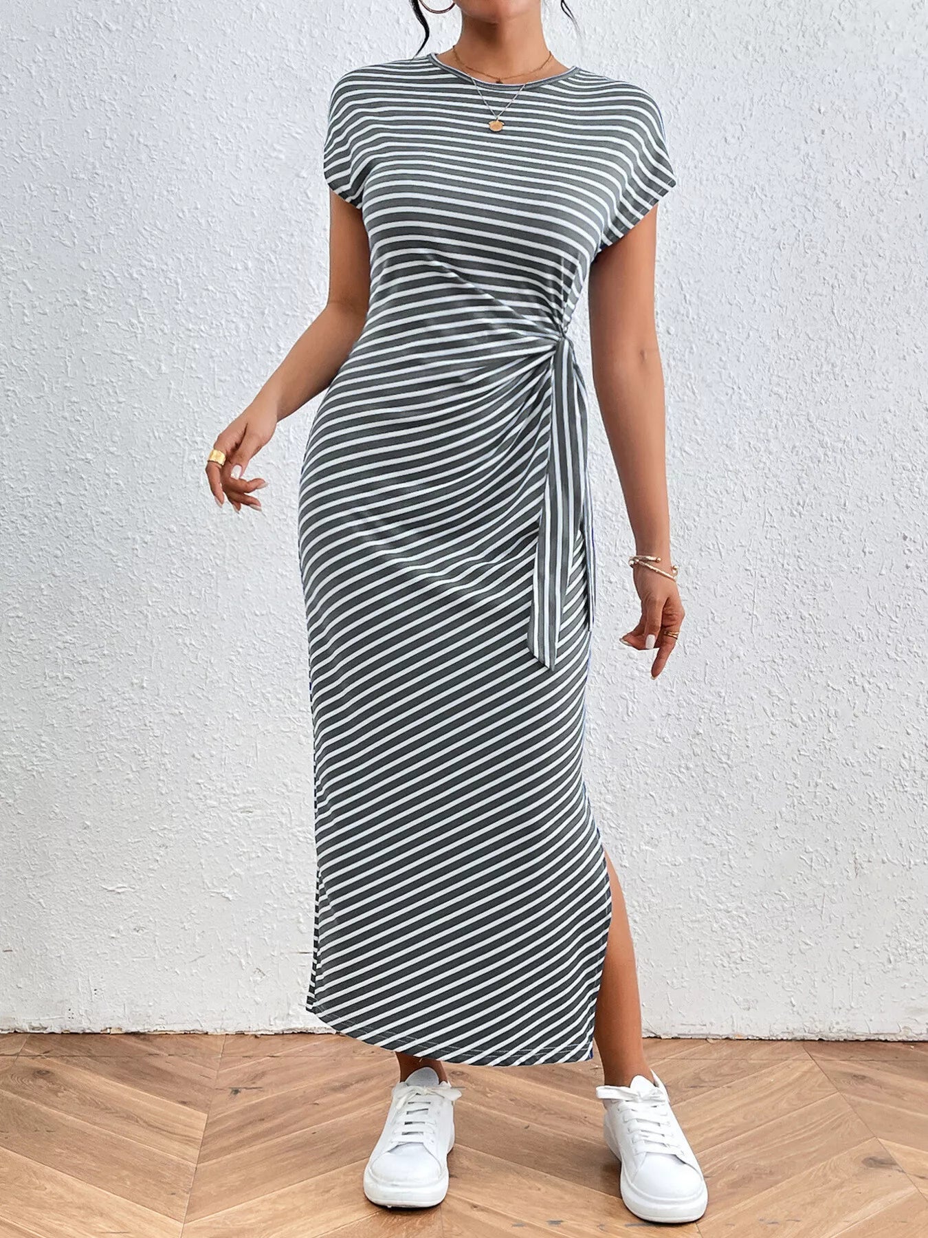 Striped Tie Waist Midi Dress Casual Women's Fashion