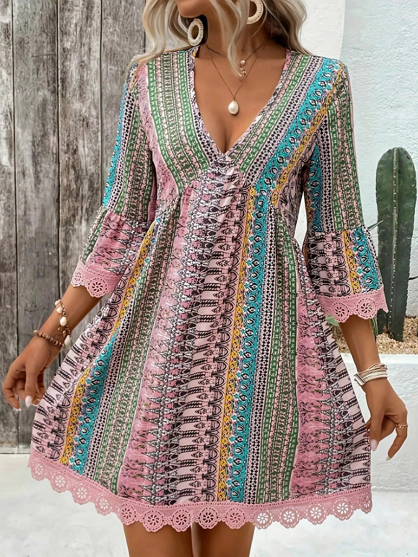 Printed V-Neck A-Line Dress for Everyday Casual Wear