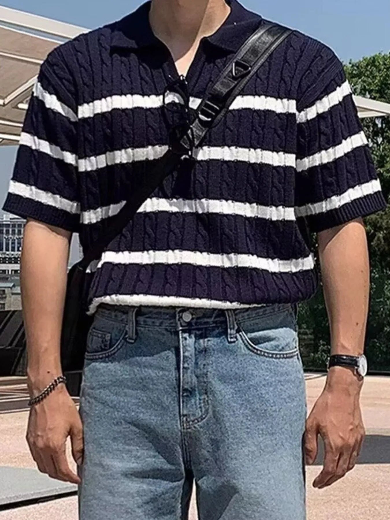 Men's Plus Size Striped Short Sleeve Polo Shirt