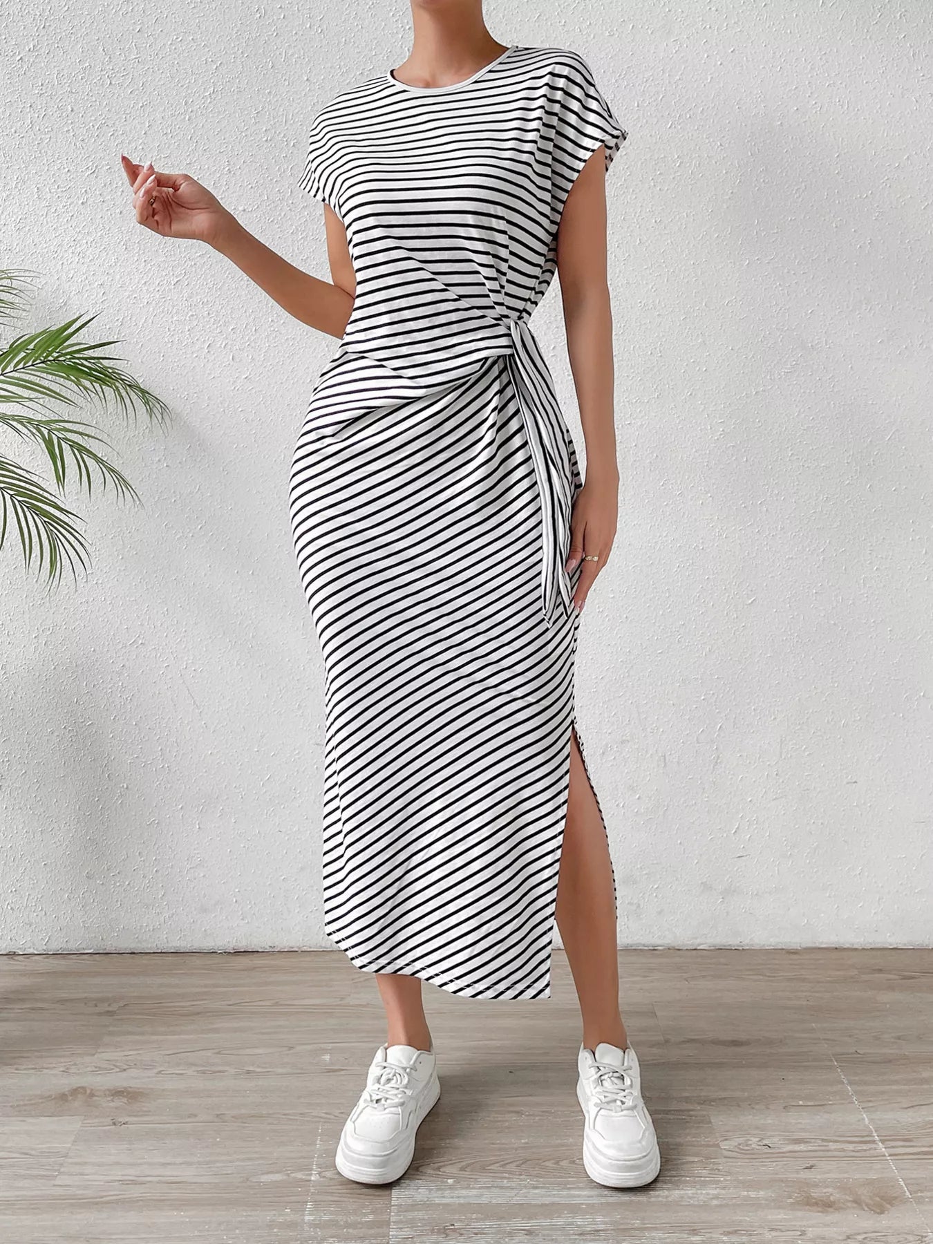 Striped Tie Waist Midi Dress Casual Women's Fashion
