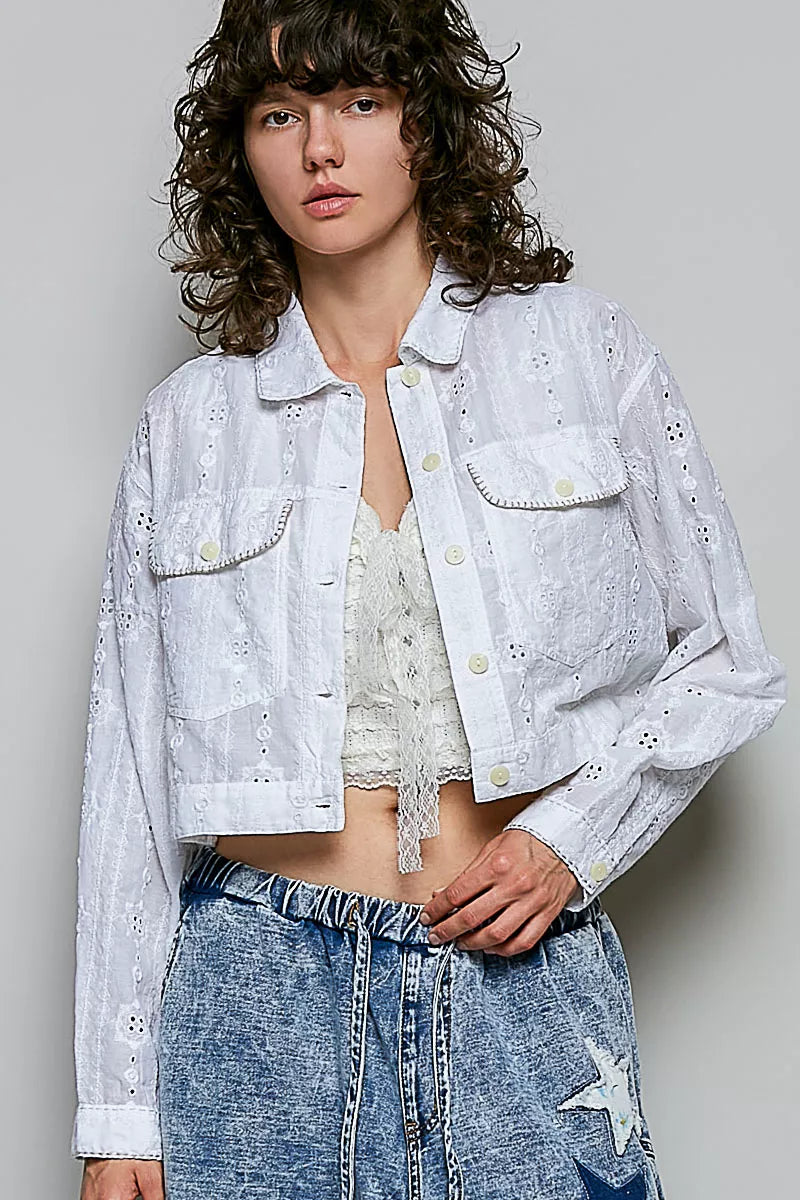 Eyelet Textured Cotton Cropped Button Front Jacket