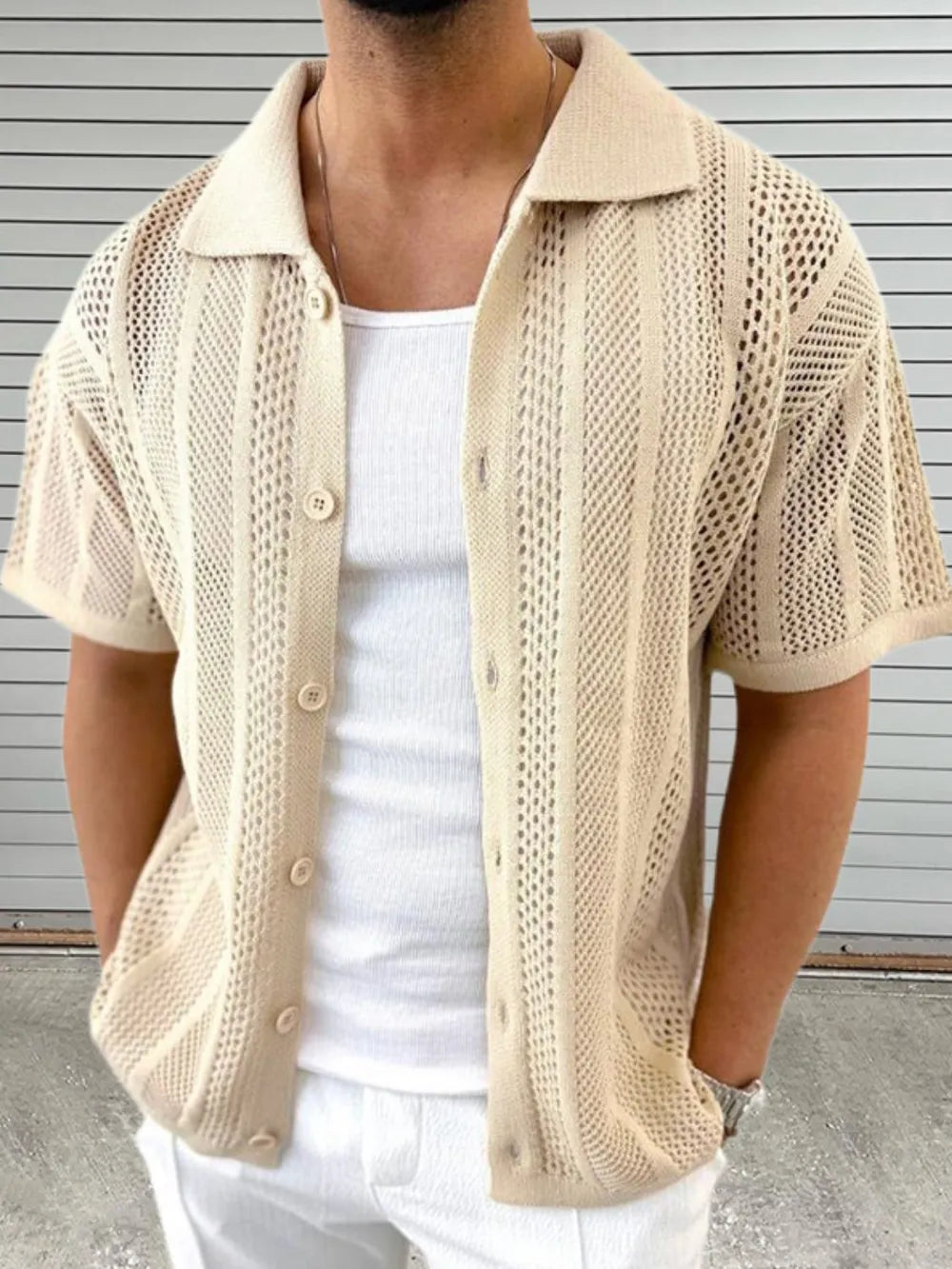 Men's Button Down Hollow Out Collared Shirt Casual
