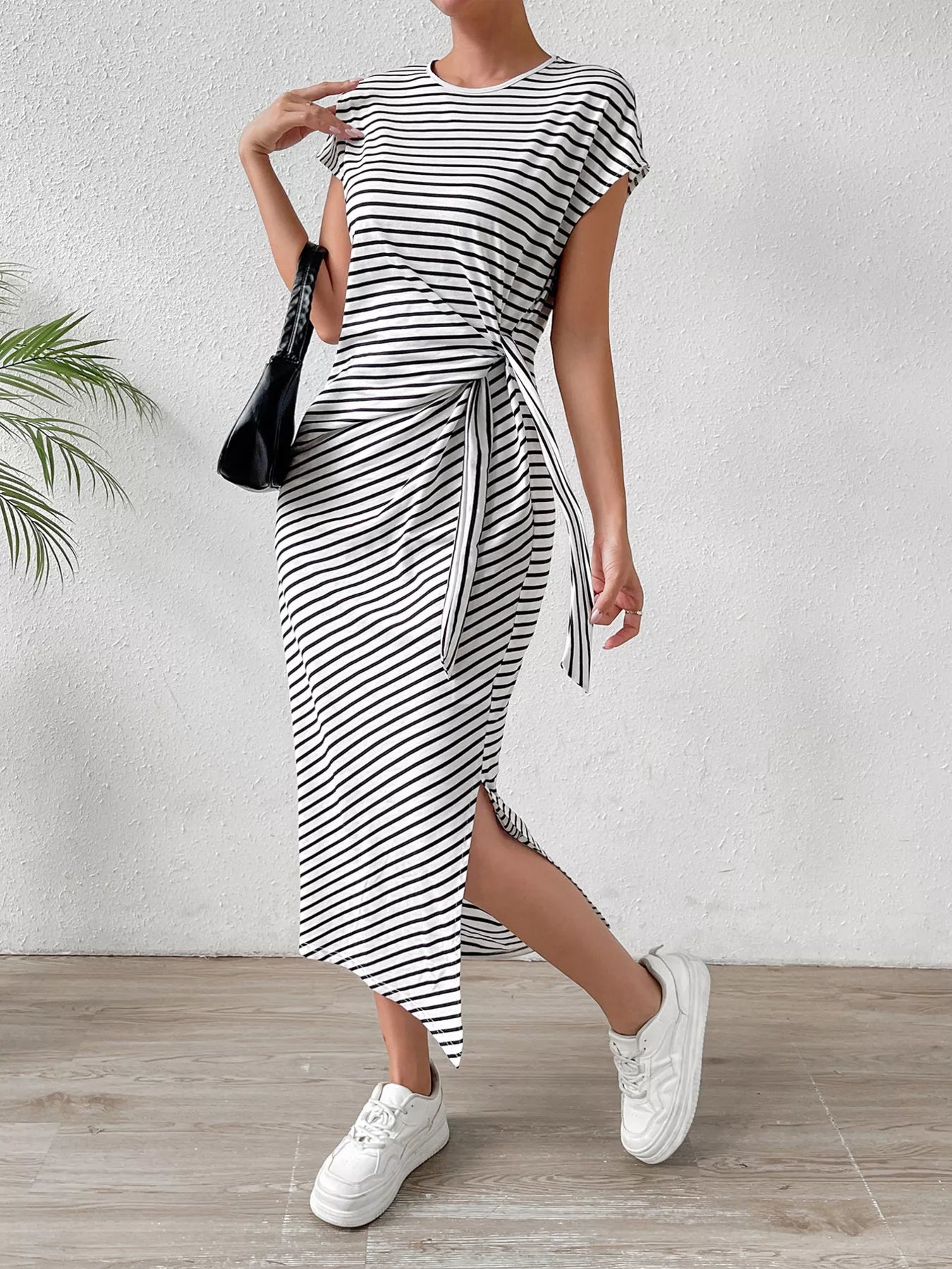 Striped Tie Waist Midi Dress Casual Women's Fashion