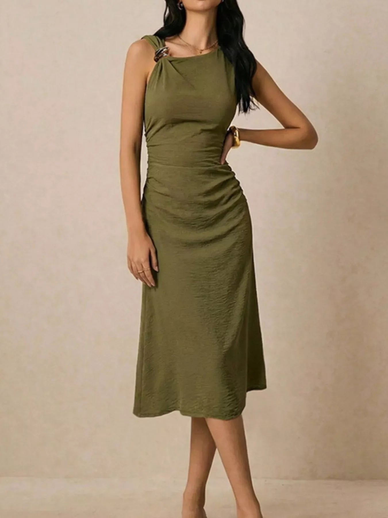 Asymmetrical Neck Ruched Midi Dress Elegant Women's Fashion