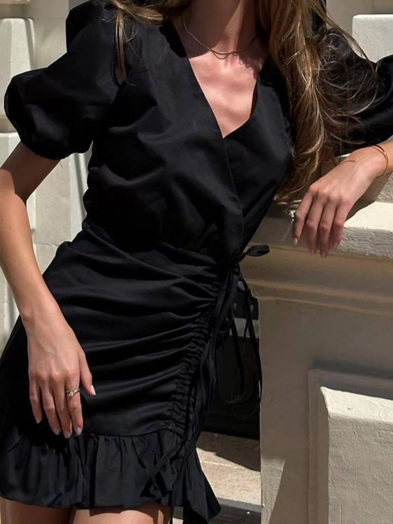 Ruffled Hem Ruched Puff Sleeve Mini Dress Women