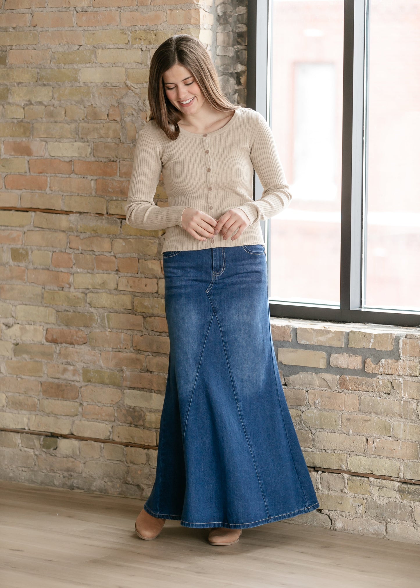 Jennifer A-Line Long Denim Skirt for Everyday Style