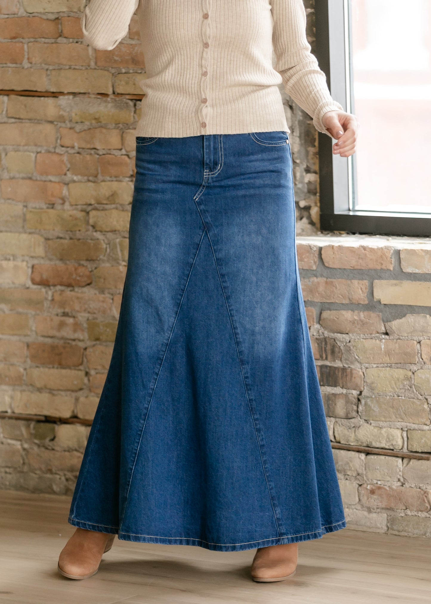 Jennifer A-Line Long Denim Skirt for Everyday Style