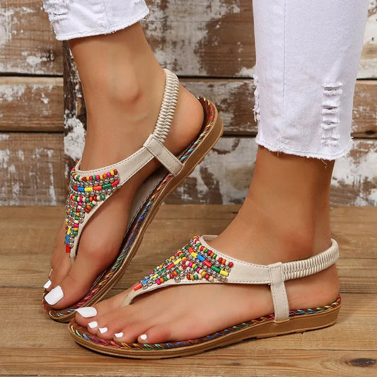 Leather Beaded Flat Sandals for Casual Everyday Comfort