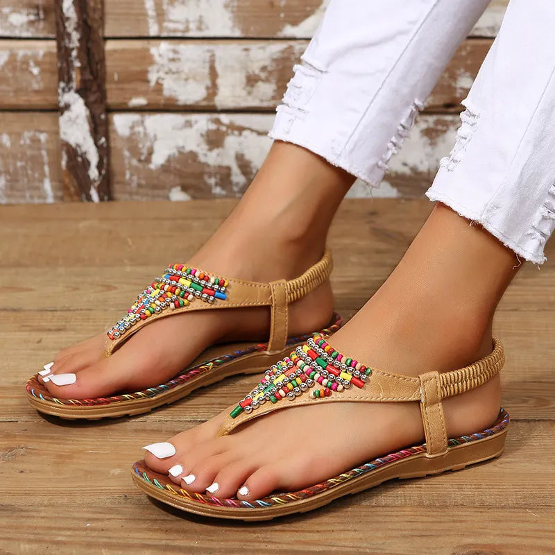 Leather Beaded Flat Sandals for Casual Everyday Comfort