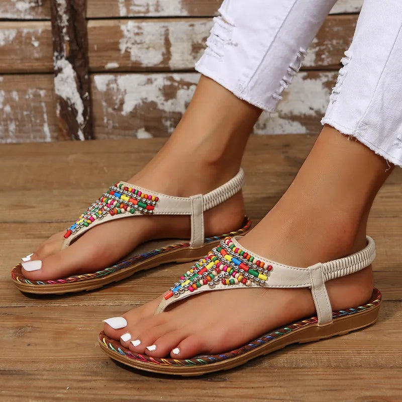 Leather Beaded Flat Sandals for Casual Everyday Comfort