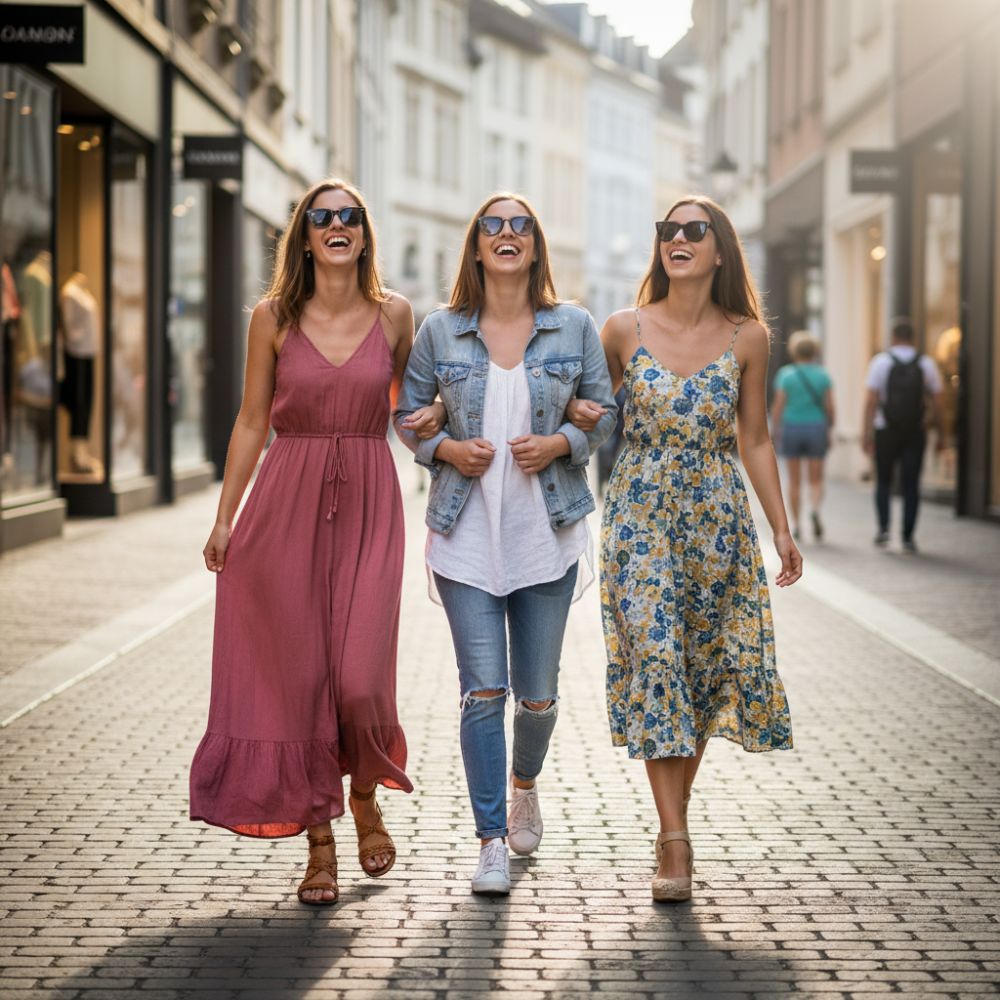 Three women walking down a sunlit street, smiling and enjoying each other's company.